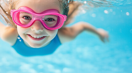 Little girl is swimming underwater in a clear blue pool wearing pink goggles