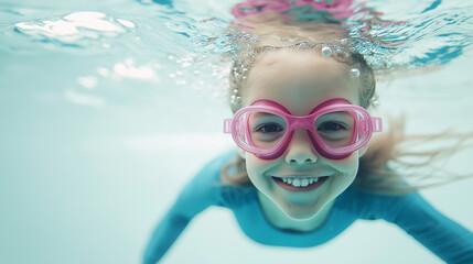 Naklejka premium Smiling girl wearing pink goggles swimming underwater in pool