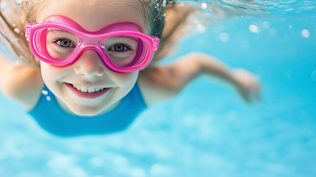 Little girl is swimming underwater in a clear blue pool wearing pink goggles