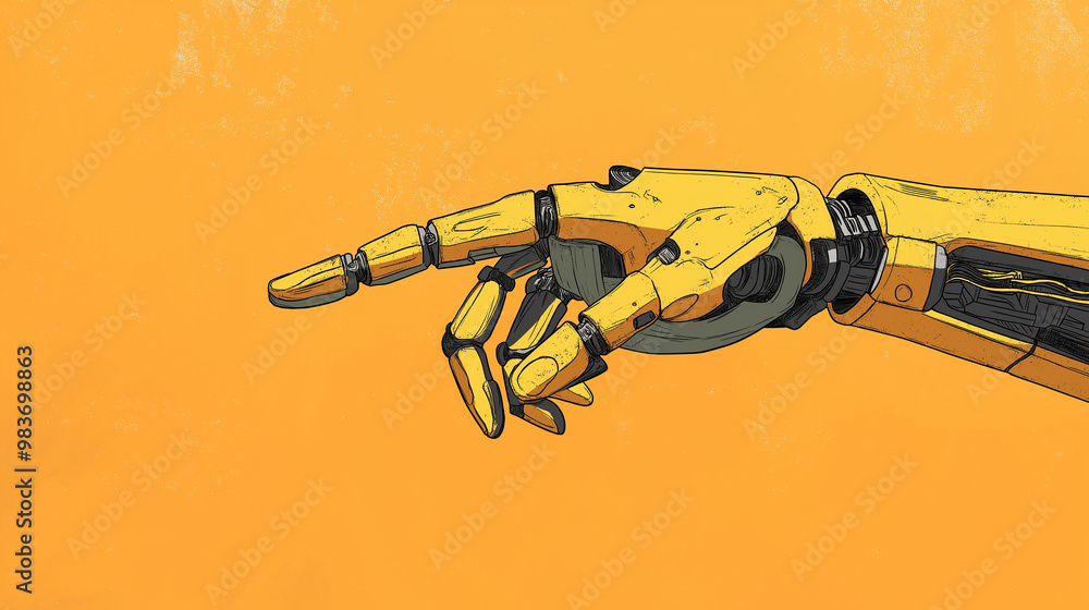 Poster Yellow robot hand pointing index finger on orange background