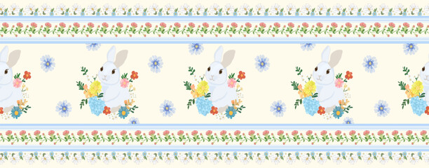 Abstract natural hand drawn pattern design with rabbit, flower, leaves. Simple contemporary style illustrated Design for fabric, print, cover, banner, wallpaper