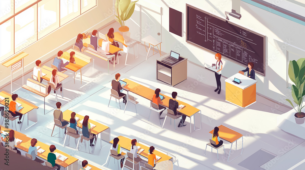 Poster University students attending a lecture in a modern bright classroom