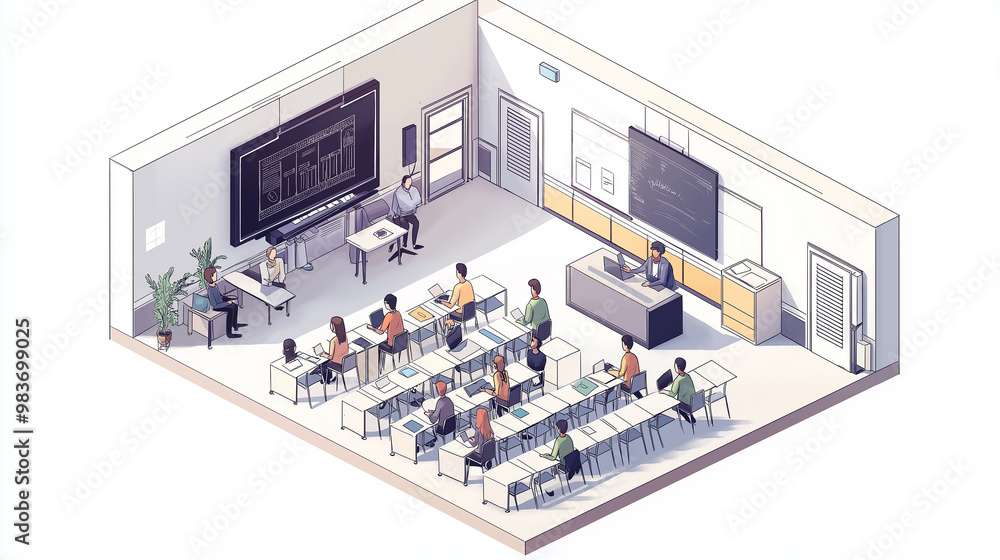 Poster students and teachers using technology in modern classroom setting