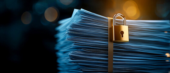 A stack of secured documents with a padlock, symbolizing data protection and confidentiality.