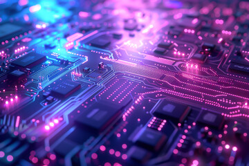 Modern circuit board design, radiant blue and purple pathways, complex network, side view, highlighting futuristic electronic design, scifi tone, Splitcomplementary color scheme
