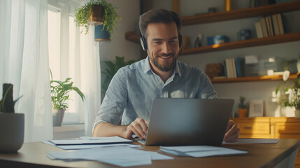 Fototapeta premium Businessman working from home having a video call on his laptop and smiling