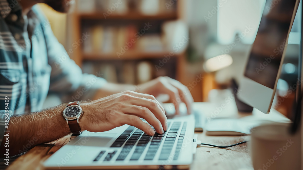 Poster businessman working from home office typing on laptop computer keyboard