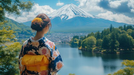 Woman in Kimono Admires Mount Fuji Across a Lake