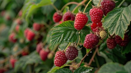 Ripe Raspberries on a Branch