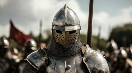 Naklejka premium Medieval knight wearing full plate armor holding spear on battlefield
