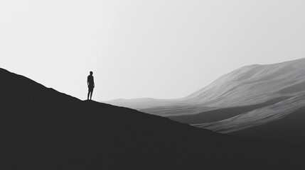 Black and white image of a man standing on a mountain top