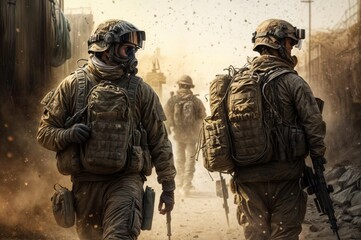 Heavily equipped soldiers in tactical gear and masks walk through a dusty warzone, prepared for combat in rugged conditions..