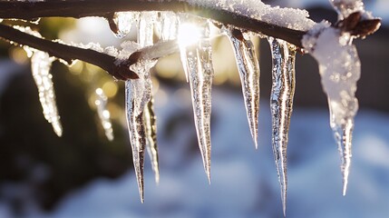 Naklejka premium Icicles hanging from a tree branch in the sunlight.