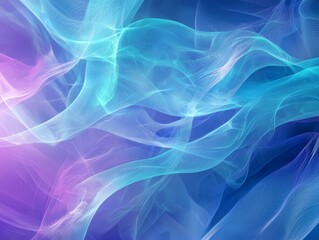 Obraz premium Abstract blue, mint, and purple background with interlaced smoke glitch and distortion effect. Futuristic cosmos design - ai