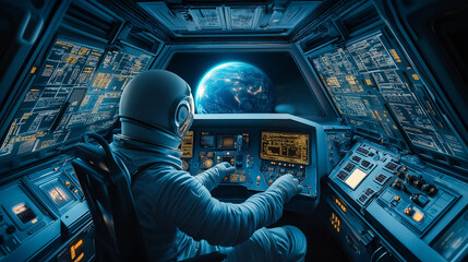 Obraz premium Astronaut piloting spacecraft in orbit around earth