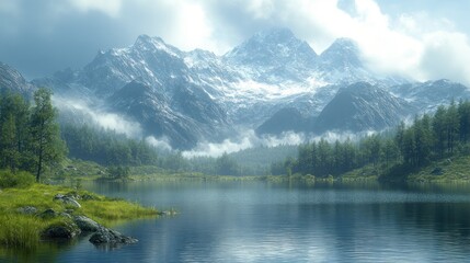 Fototapeta premium Serene mountain landscape with a calm lake and lush greenery.