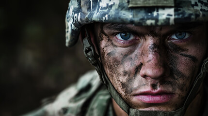 Obraz premium Soldier wearing camouflage face paint looking determined