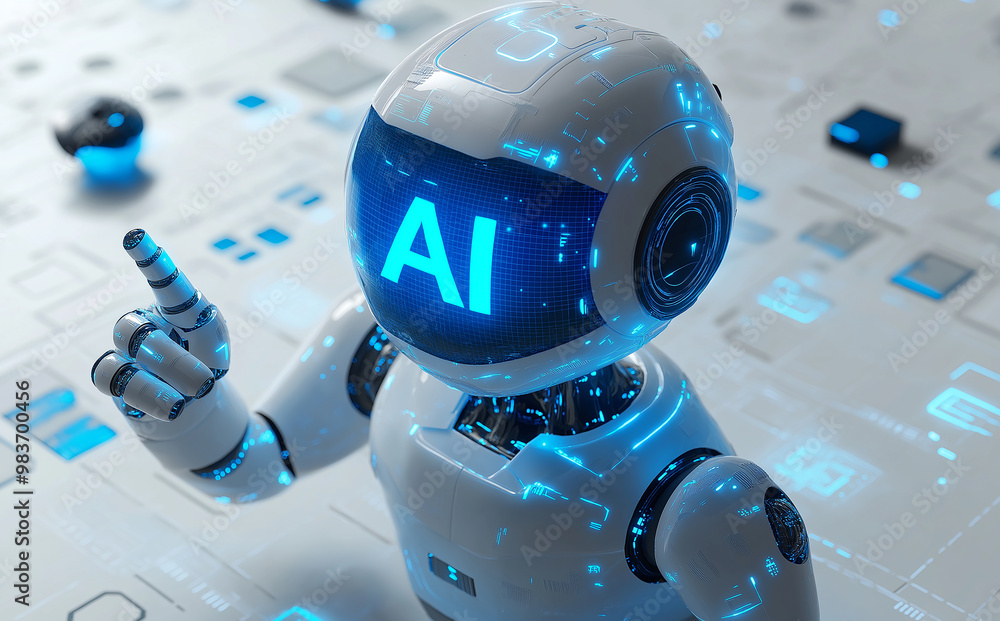 Aufkleber white and blue ai robot pointing at something