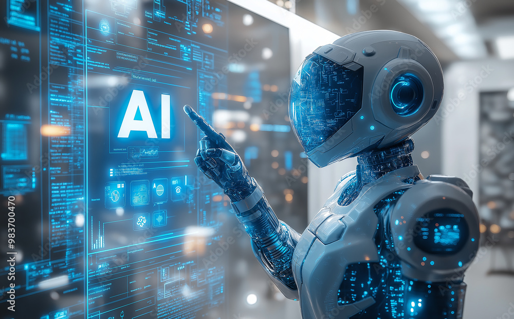 Poster robot pointing at hologram of artificial intelligence logo