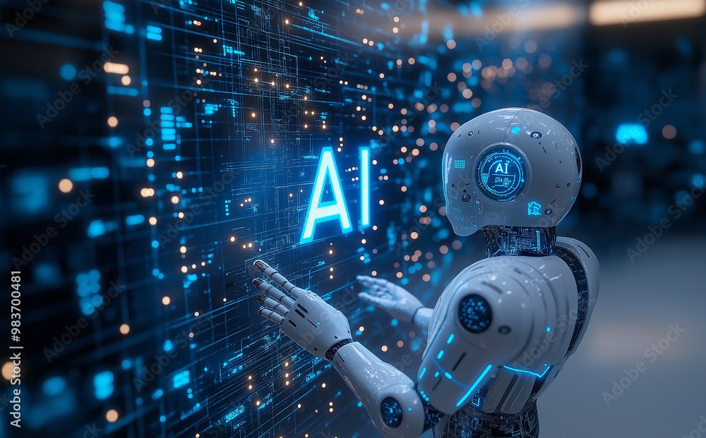 Poster Ai robot interacting with digital data using touchscreen interface