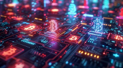 Obraz premium A vibrant digital landscape featuring Bitcoin symbols, circuits, and glowing nodes, suggesting a connection to cryptocurrency and technology.