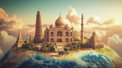 The taj mahal and famous indian monuments are emerging from the ocean on a desert island at sunset
