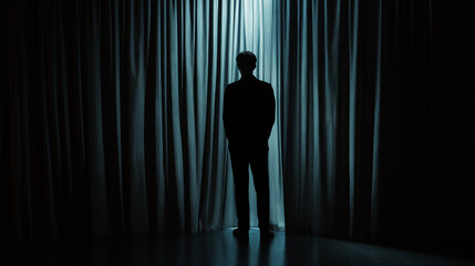 Businessman looking through stage curtains at bright light