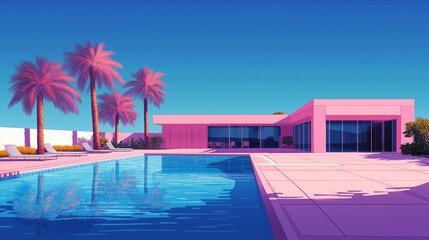 Fototapeta premium Palm trees reflecting in swimming pool of luxurious pink villa