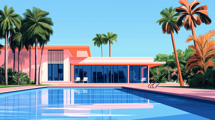 Fototapeta premium Luxurious contemporary pink villa reflecting in swimming pool