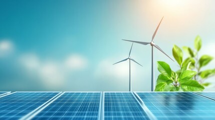 Renewable energy concept featuring solar panels and wind turbines under a clear sky with vibrant green leaves.