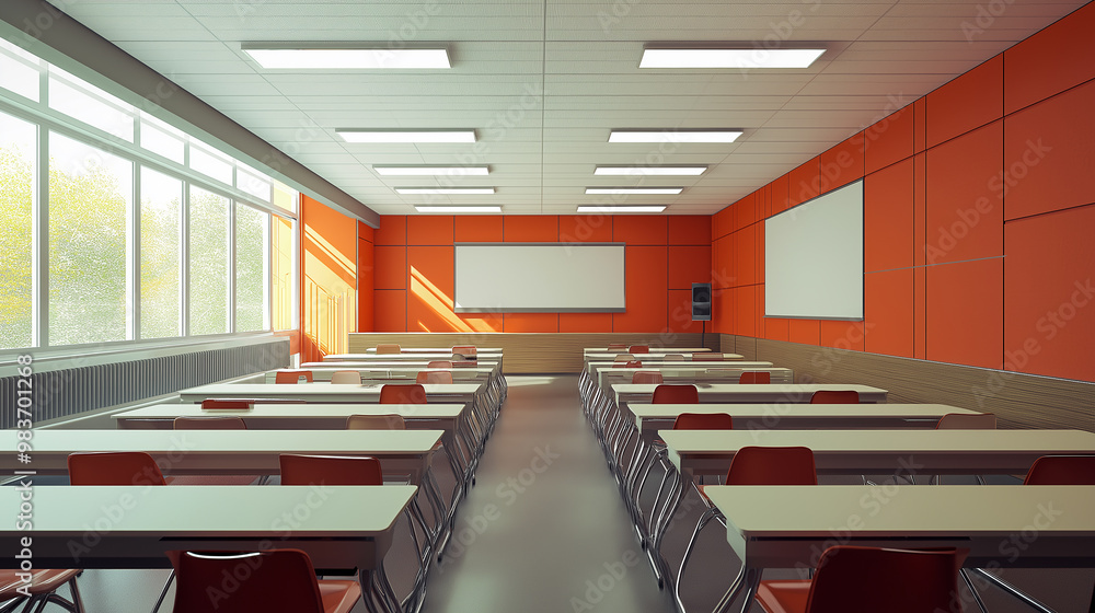 Poster Empty classroom with sunlight shining through windows