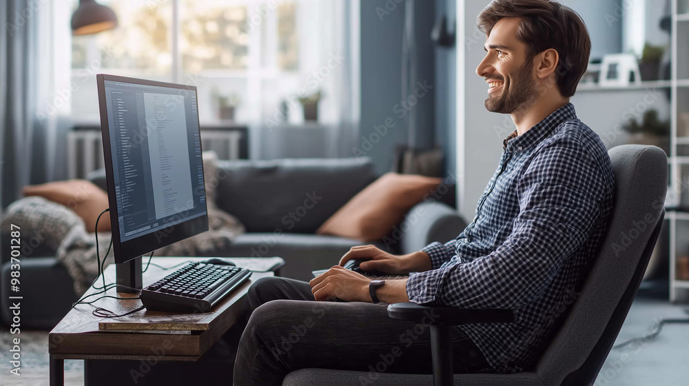 Poster Handsome programmer smiling and working from home using computer