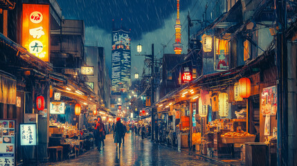 Obraz premium People walking on a narrow street with shops and restaurants in tokyo at night, while raining