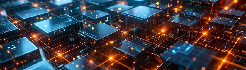 A vibrant, abstract representation of interconnected microchips with glowing lights, symbolizing advanced technology and digital connectivity.