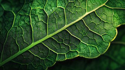Fototapeta premium Intricate details of a vibrant green leaf showcasing natural patterns and textures in close-up