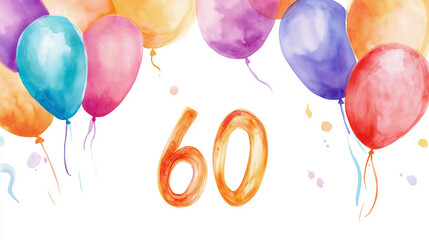 Watercolor colorful balloons are floating with number sixty for party decoration