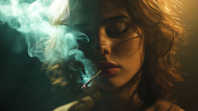 Attractive young woman smoking a cigarette with eyes closed