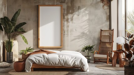 Modern bedroom featuring orange wooden design elements and a poster frame mockup, minimalistic and inviting, 3D render