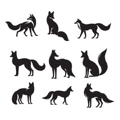 set of silhouettes of fox on white
