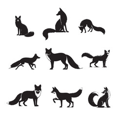 set of silhouettes of fox on white