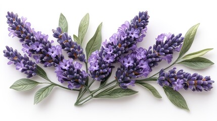 A decorative arrangement of purple lavender flowers with leaves.