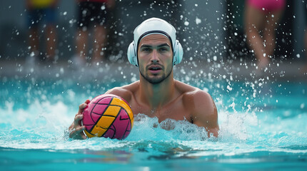 Focused male water polo player demonstrating skill and determination in the pool