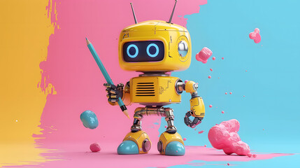 Naklejka premium AI Copy writing bot, Artificial Intelligence Copywriter bot using chatgpt by open ai for content writing holding pencil