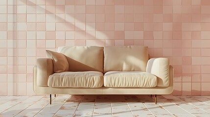 Modern interior featuring a beige sofa against a pink and white tiled wall, captured in realistic HD