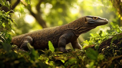 Fototapeta premium A vibrant image of a Komodo Dragon moving through the lush undergrowth of a tropical forest