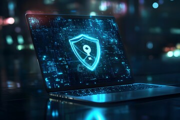 A laptop with an icon of a digital security. strong online data protection 