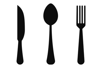 Fork, knife, spoon and plate set icons  Silhouette of cutlery vector illustration
