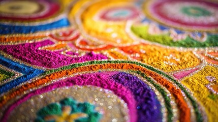 A close-up of vibrant rangoli patterns made with colorful powders, elegantly displayed on a plain floor surface.