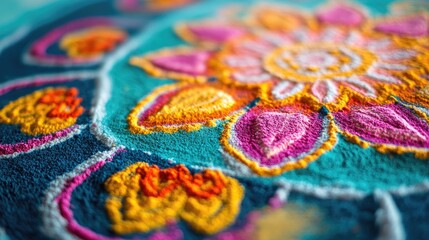 Obraz premium A close-up of vibrant rangoli patterns made with colorful powders, elegantly displayed on a plain floor surface.