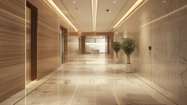 Modern Office Lobby with Elegant Marble Flooring and Warm Lighting